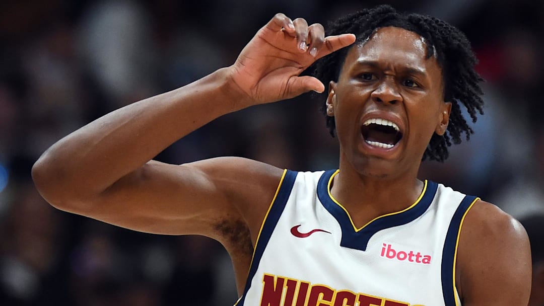 Oct 14, 2025; Denver, Colorado, USA; Denver Nuggets forward Peyton Watson (8) reacts after being fouled during the first half against the Chicago Bulls at Ball Arena. Mandatory Credit: Christopher Hanewinckel-Imagn Images