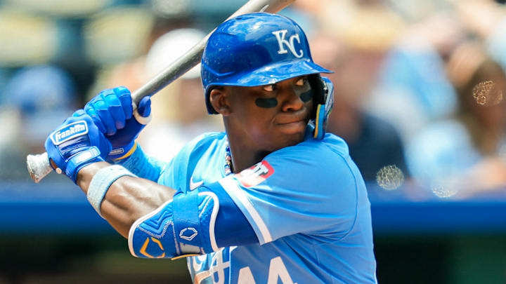 Jun 13, 2024; Kansas City, Missouri, USA; Kansas City Royals left fielder Dairon Blanco (44) bats during the fifth inning against the New York Yankees at Kauffman Stadium. Mandatory Credit: Jay Biggerstaff-Imagn Images