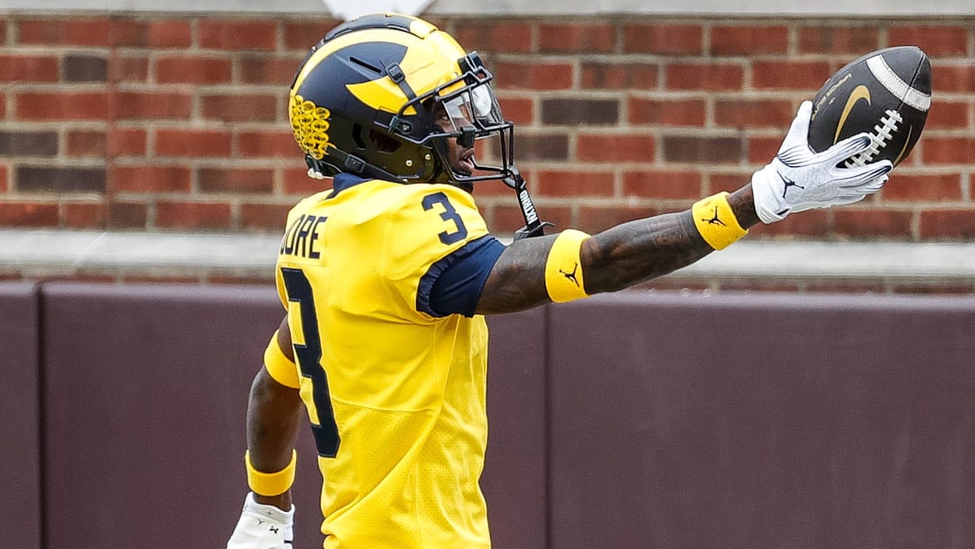 Maize Team wide receiver Fredrick Moore (3) runs for a touchdown against Blue Team during the second half of the spring game at Michigan Stadium in Ann Arbor on Saturday, April 20, 2024.