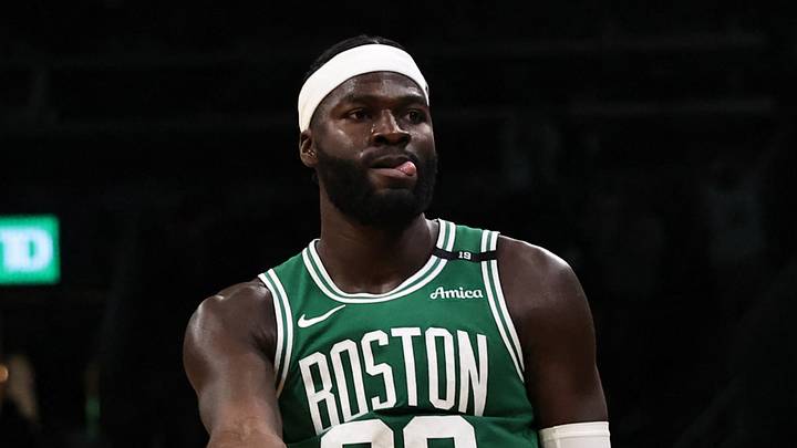 Oct 23, 2026; Boston, Massachusetts, USA; Boston Celtics center Neemias Queta (88) celebrates a three point basket while looking at the New York Knicks bench during the second half at TD Garden. Mandatory Credit: Winslow Townson-Imagn Images