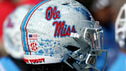 An up close look at an Ole Miss Rebels football helmet. 
