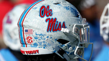 An up close look at an Ole Miss Rebels football helmet. 