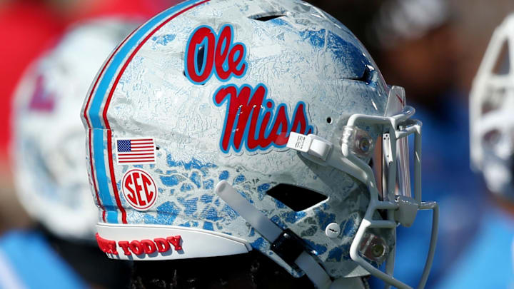 An up close look at an Ole Miss Rebels football helmet. 