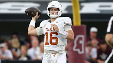 Oct 25, 2025; Starkville, Mississippi, USA; Texas Longhorns quarterback Arch Manning (16) passes the ball during the second quarter against the Mississippi State Bulldogs at Davis Wade Stadium at Scott Field. Mandatory Credit: Petre Thomas-Imagn Images