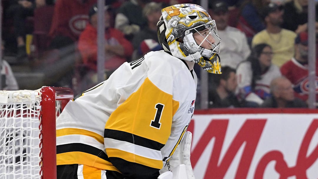 Sep 22, 2025; Montreal, Quebec, CAN; Pittsburgh Penguins goalie Sergei Murashov (1) during the second period of the game against the Montreal Canadiens at the Bell Centre. Mandatory Credit: Eric Bolte-Imagn Images