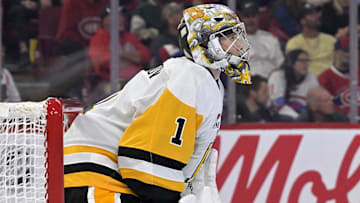Sep 22, 2025; Montreal, Quebec, CAN; Pittsburgh Penguins goalie Sergei Murashov (1) during the second period of the game against the Montreal Canadiens at the Bell Centre. Mandatory Credit: Eric Bolte-Imagn Images