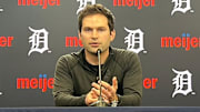 Detroit Tigers president of baseball operations Scott Harris talks to reporters about trading for starting pitcher Chris Paddack on July 28, 2025, at Comerica Park in Detroit, Michigan.
