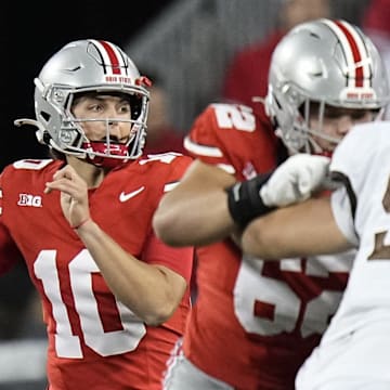 Sep 7, 2024; Columbus, Ohio, USA; Ohio State Buckeyes quarterback Julian Sayin (10) throws a pass during the second half of the NCAA football game against the Western Michigan Broncos at Ohio Stadium.