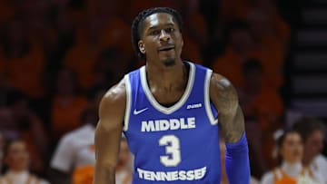 Dec 23, 2024; Knoxville, Tennessee, USA; Middle Tennessee Blue Raiders guard Jestin Porter (3) reacts after a play against the Tennessee Volunteers during the first half at Thompson-Boling Arena at Food City Center. Mandatory Credit: Randy Sartin-Imagn Images