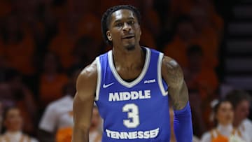 Dec 23, 2024; Knoxville, Tennessee, USA; Middle Tennessee Blue Raiders guard Jestin Porter (3) reacts after a play against the Tennessee Volunteers during the first half at Thompson-Boling Arena at Food City Center. Mandatory Credit: Randy Sartin-Imagn Images