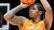 Tennessee Volunteers guard Zakai Zeigler (5) shoots the ball against the Houston Cougars during the first half of a game Sunday, March 30, 2025, during the Elite Eight round of the NCAA March Madness tournament at Lucas Oil Stadium in Indianapolis. Houston defeated Tennessee 69-50.