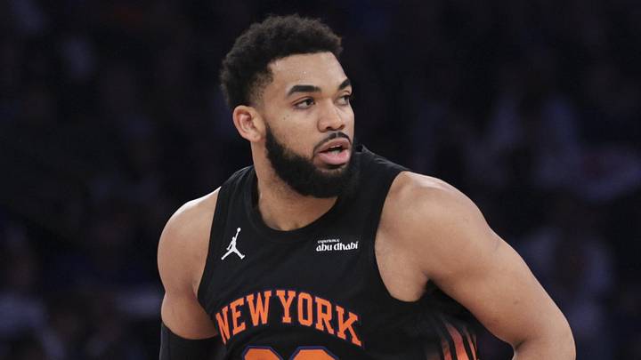 May 21, 2026; New York, New York, USA; New York Knicks center Karl-Anthony Towns (32) reacts against the Cleveland Cavaliers during the second quarter of game two of the eastern conference finals of the 2026 NBA playoffs at Madison Square Garden. Mandatory Credit: Vincent Carchietta-Imagn Images