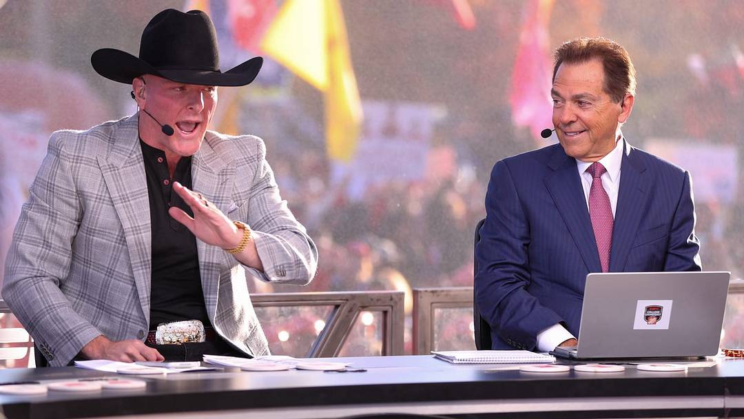 ESPN personality Pat McAfee talks during College GameDay with Nick Saban
