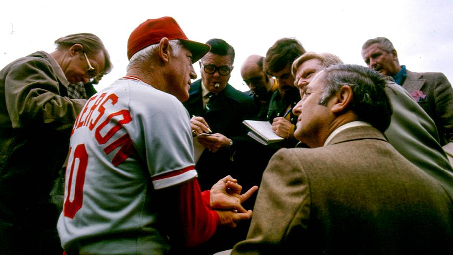 Reds manager Sparky Anderson talks with media members before Game 2 of the 1975 World Series.
