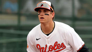 Mar 2, 2024; Sarasota, Florida, USA; Baltimore Orioles infielder Coby Mayo (86) looks on during the first inning against the New York Yankees at Ed Smith Stadium