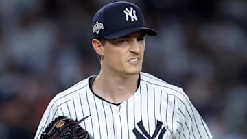 Sep 30, 2025; Bronx, New York, USA; Former Atlanta Brave New York Yankees starting pitcher Max Fried (54) reacts during the fifth inning of game one of the Wildcard round of the 2025 MLB playoffs against the Boston Red Sox at Yankee Stadium.