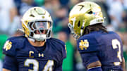 Notre Dame Fighting Irish linebacker Drayk Bowen (34) celebrates a tackle against the NC State Wolfpack at Notre Dame Stadium. 