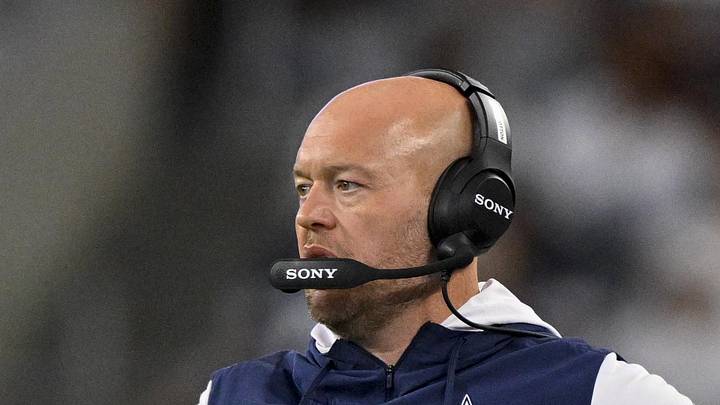 Aug 16, 2025; Arlington, Texas, USA; Dallas Cowboys defensive line coach Aaron Whitecotton during the game between the Dallas Cowboys and the Baltimore Ravens at AT&T Stadium. Mandatory Credit: Jerome Miron-Imagn Images