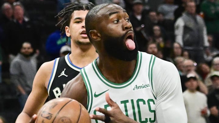 Apr 3, 2026; Milwaukee, Wisconsin, USA;  Boston Celtics forward Jaylen Brown (7) looks to pass the ball against the Milwaukee Bucks in the first quarter at Fiserv Forum. Mandatory Credit: Benny Sieu-Imagn Images