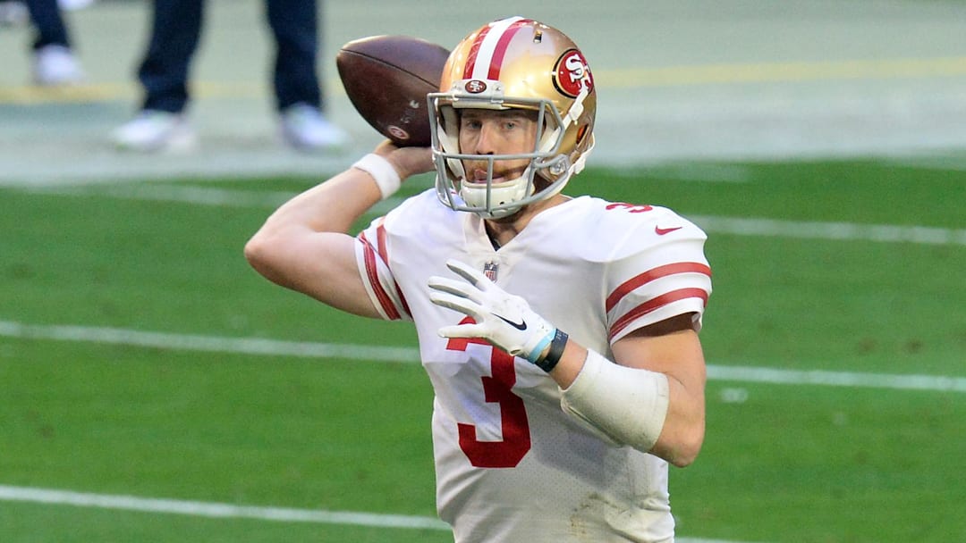 Jan 3, 2021; Glendale, Arizona, USA; San Francisco 49ers quarterback C.J. Beathard (3) throws a pass against the Seattle Seahawks during the first half at State Farm Stadium.
