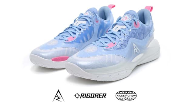 Side view of Austin Reaves' blue and white Rigorer sneakers.