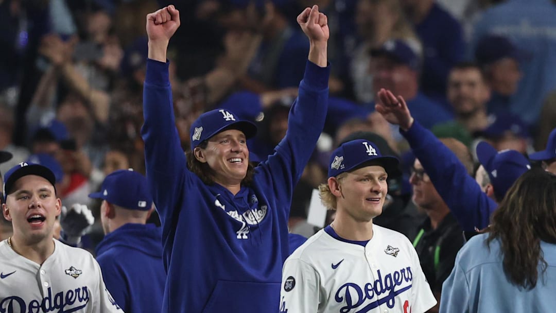 Oct 27, 2025; Los Angeles, California, USA; Los Angeles Dodgers pitcher Tyler Glasnow (31) celebrates after winning in the eighteenth inning against the Toronto Blue Jays in game three of the 2025 MLB World Series at Dodger Stadium. Mandatory Credit: Kiyoshi Mio-Imagn Images
