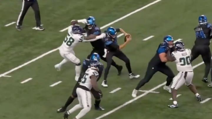 Jared Goff was manhandled by Derick Hall. Jared Goff was manhandled by Derick Hall.