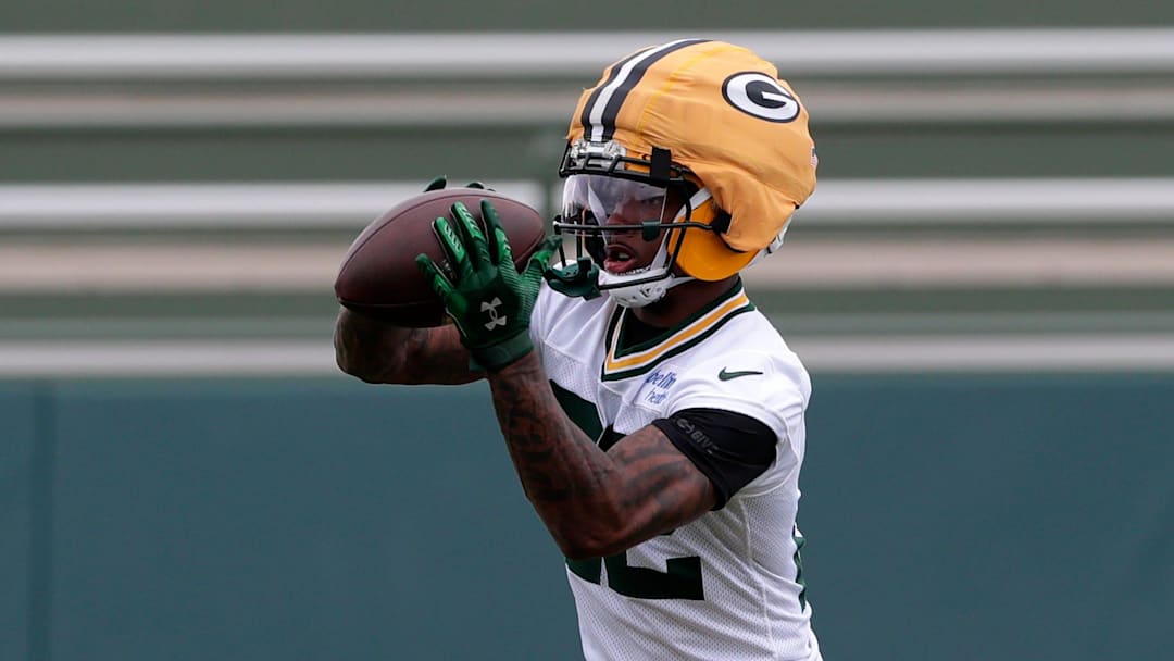 Green Bay Packers wide receiver Matthew Golden (22) catches the ball during the team's first day of minicamp on June 10, 2025, at Ray Nitschke Field in Ashwaubenon, Wis.