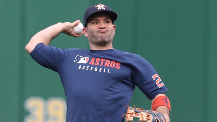 Jun 4, 2025; Pittsburgh, Pennsylvania, USA;  Houston Astros second baseman Jose Altuve (27) warms up before the game against the Pittsburgh Pirates at PNC Park. 
