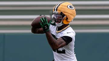 Green Bay Packers wide receiver Matthew Golden (22) catches the ball during the team's first day of minicamp on June 10, 2025, at Ray Nitschke Field in Ashwaubenon, Wis.