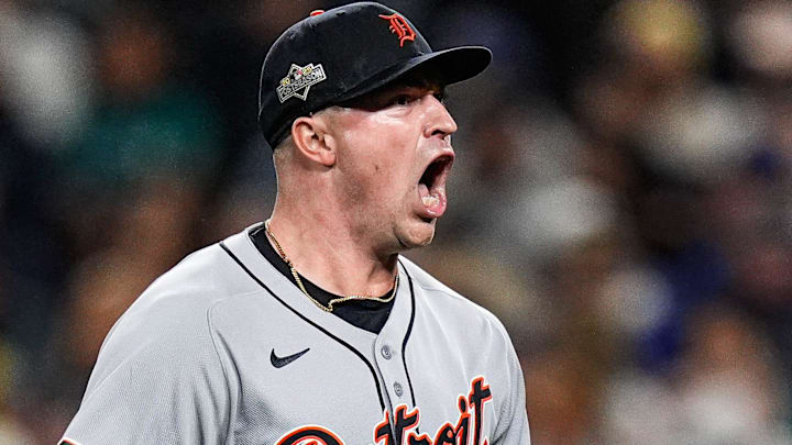 Tigers pitcher Tarik Skubal celebrates striking out Mariners catcher Cal Raleigh in the sixth inning of ALDS Game 5 at T-Mobile Park in Seattle on Friday, Oct. 10, 2025.
