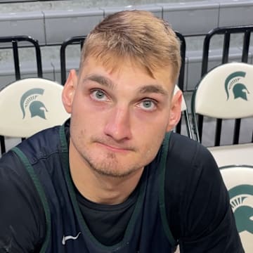 Michigan State center Carson Cooper speaks to the media inside the Breslin Center on Nov. 6, 2025.