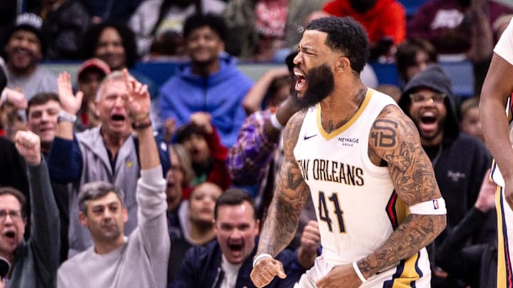 Dec 18, 2025; New Orleans, Louisiana, USA;  New Orleans Pelicans guard/forward Saddiq Bey (41) reacts to taking the lead in the game against the Houston Rockets during the second half at Smoothie King Center. Mandatory Credit: Stephen Lew-Imagn Images