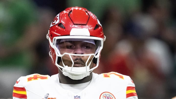 Feb 9, 2025; New Orleans, LA, USA;  Kansas City Chiefs offensive tackle Jawaan Taylor (74) against the Philadelphia Eagles in Super Bowl LIX at Ceasars Superdome. Mandatory Credit: Mark J. Rebilas-Imagn Images