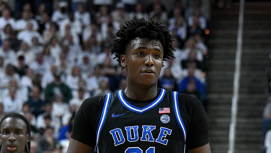 Dec 6, 2025; East Lansing, Michigan, USA;  Duke Blue Devils center Patrick Ngongba (21) during the first half against the Michigan State Spartans at Jack Breslin Student Events Center. Mandatory Credit: Dale Young-Imagn Images