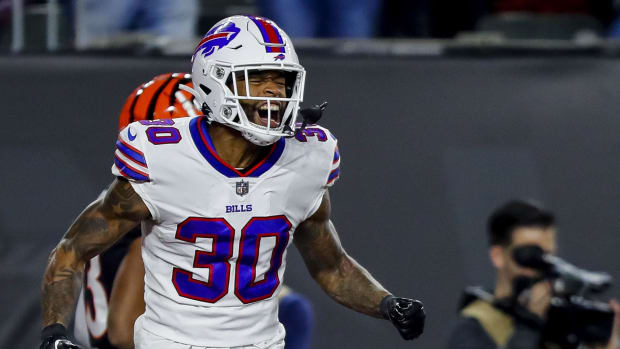 Buffalo Bills cornerback Dane Jackson (30) reacts after breaking up a pass. Katie Stratman-USA TODAY Sports