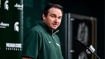Michigan State coach Jonathan Smith talks the media on the first national signing day for college football recruits Wednesday, Dec. 4, 2024, at Spartan Stadium in East Lansing.