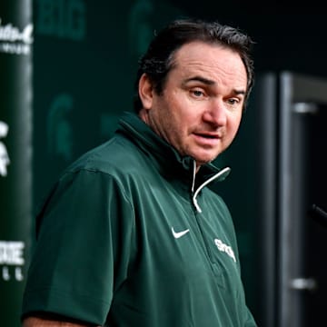 Michigan State coach Jonathan Smith talks the media on the first national signing day for college football recruits Wednesday, Dec. 4, 2024, at Spartan Stadium in East Lansing.