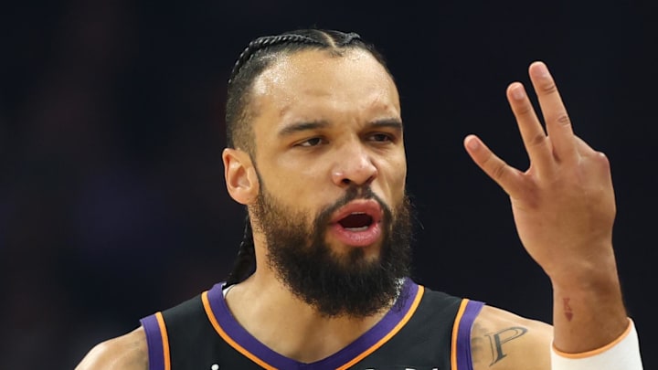 Phoenix Suns forward Dillon Brooks (3) argues with a referee against the Oklahoma City Thunder during game four of the first round of the 2026 NBA Playoffs at Mortgage Matchup Center on Apr 27, 2026.