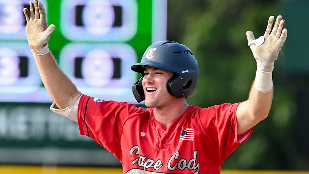 COTUIT 06/21/24 Max Belyeu of Cotuit celebrates a after arriving at second a double against Hyannis. Cape League baseball COTUIT 06/21/24 Max Belyeu of Cotuit celebrates a after arriving at second a double against Hyannis. Cape League baseball