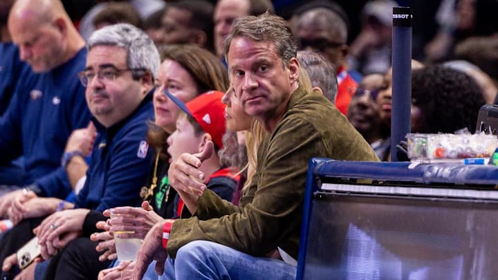 Feb 11, 2026; New Orleans, Louisiana, USA; LSU football head coach Lane Kiffin looks on from the baseline at the game between the New Orleans Pelicans and the Miami Heat during the second half at Smoothie King Center. Mandatory Credit: Stephen Lew-Imagn Images