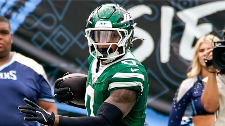 New York Jets running back Braelon Allen (0) brings in a touchdown against the Tennessee Titans during the fourth quarter at Nissan Stadium in Nashville, Tenn., Sunday, Sept. 15, 2024.