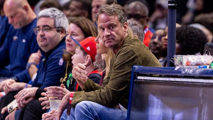 Feb 11, 2026; New Orleans, Louisiana, USA; LSU football head coach Lane Kiffin looks on from the baseline at the game between the New Orleans Pelicans and the Miami Heat during the second half at Smoothie King Center. Mandatory Credit: Stephen Lew-Imagn Images