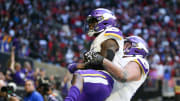 Nov 5, 2023; Atlanta, Georgia, USA; Minnesota Vikings wide receiver Brandon Powell (4) celebrates after a touchdown with guard Dalton Risner (66) against the Atlanta Falcons in the second half at Mercedes-Benz Stadium. Mandatory Credit: Brett Davis-USA TODAY Sports