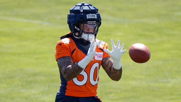 Jul 28, 2023; Englewood, CO, USA; Denver Broncos safety Caden Sterns (30) during training camp at Centura Health Training Center. Mandatory Credit: Isaiah J. Downing-USA TODAY Sports