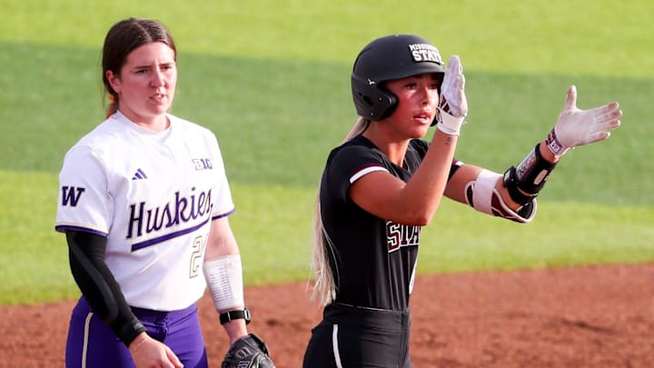 Mississippi State's Kylee Edwards (right) reacts to a hit against Washington during a game in the Lubbock Regional of the 2025 NCAA softball tournament, Friday, May 16, 2025, at Rocky Johnson Field. Mississippi State's Kylee Edwards (right) reacts to a hit against Washington during a game in the Lubbock Regional of the 2025 NCAA softball tournament, Friday, May 16, 2025, at Rocky Johnson Field.