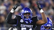Linebacker D'Eryk Jackson (54) of the Kentucky Wildcats celebrates after making an interception against Vanderbilt in the first half. The Commodores defeated the Wildcats 20-13 at Kroger Field Saturday, Oct. 12, 2024, in Lexington, Ky.