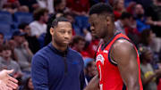 Apr 16, 2024; New Orleans, Louisiana, USA; New Orleans Pelicans forward Zion Williamson (1) reacts with New Orleans Pelicans head coach Willie Green on a time out in the first half against the Los Angeles Lakers during a play-in game of the 2024 NBA playoffs against the New Orleans Pelicans at Smoothie King Center. Mandatory Credit: Stephen Lew-Imagn Images