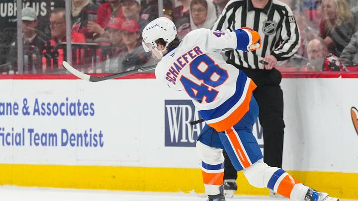 Apr 4, 2026; Raleigh, North Carolina, USA; New York Islanders defenseman Matthew Schaefer (48) takes a shot against the Carolina Hurricanes during the third period at Lenovo Center. Mandatory Credit: James Guillory-Imagn Images Apr 4, 2026; Raleigh, North Carolina, USA; New York Islanders defenseman Matthew Schaefer (48) takes a shot against the Carolina Hurricanes during the third period at Lenovo Center. Mandatory Credit: James Guillory-Imagn Images