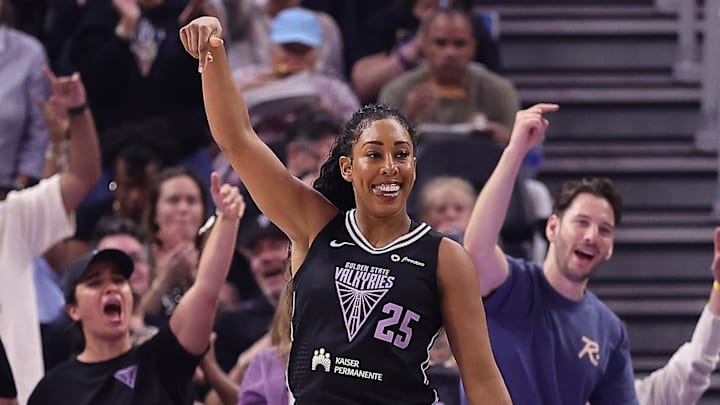 Sep 2, 2025; San Francisco, California, USA; Golden State Valkyries forward Monique Billings (25) celebrates after a basket and foul by the New York Liberty during the second quarter at Chase Center. Mandatory Credit: Kelley L Cox-Imagn Images